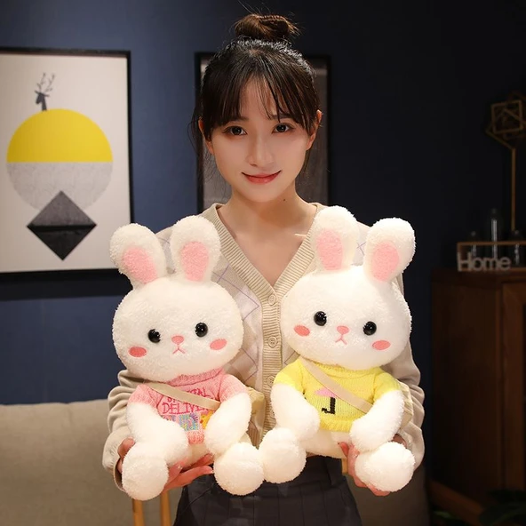 33cm Peluş Tavşan Bebek - Kırmızı LOVE Kalpli Kazaklı ve Çantalı - 8