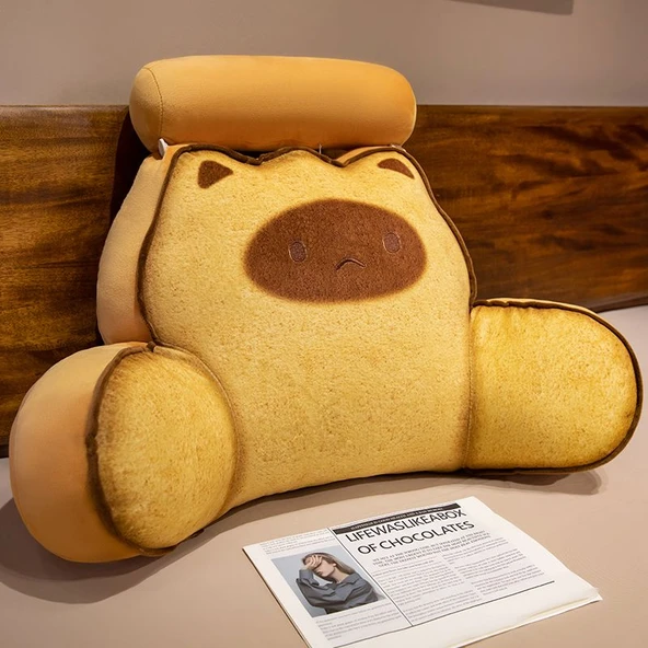 Tost Yatak Sırt Minderi Peluş Oyuncak - Açık Renk Üzgün Kedi 60x45cm