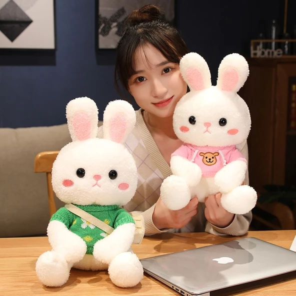 33cm Peluş Tavşan Bebek - Sarı Bandanalı, Sarı Şemsiye Desenli Kazaklı ve Çantalı - 4