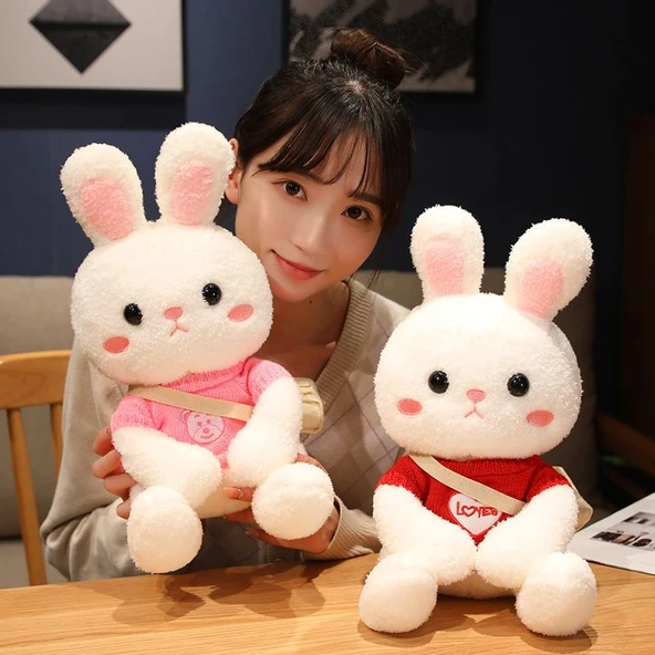 33cm Peluş Tavşan Bebek - Sarı Bandanalı, Sarı Şemsiye Desenli Kazaklı ve Çantalı - 11