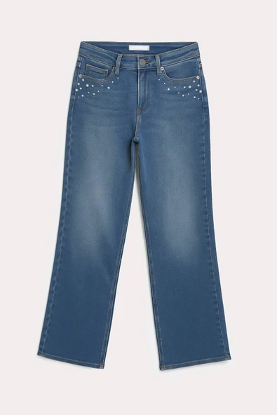 Kadın Cep Detaylı Geniş Paça Likralı Mavi Jean Pantolon - 3