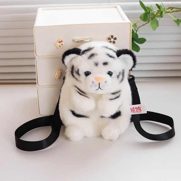 Peluş Hayvan Figürlü Çanta - Beyaz Kaplan - 25cm