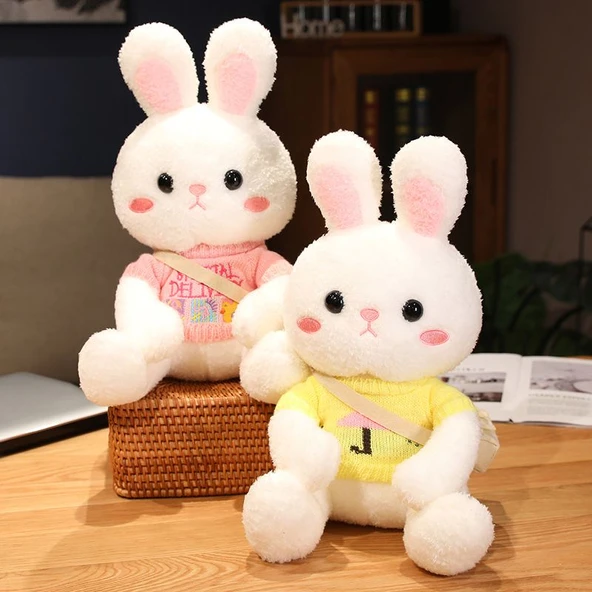 33cm Peluş Tavşan Bebek - Sarı Bandanalı, Sarı Şemsiye Desenli Kazaklı ve Çantalı - 6
