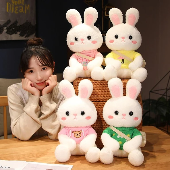 33cm Peluş Tavşan Bebek - Sarı Bandanalı, Sarı Şemsiye Desenli Kazaklı ve Çantalı - 12