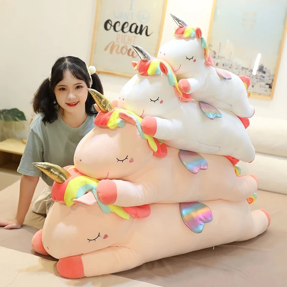 Gökkuşağı Unicorn Peluş Yastık - Beyaz 100cm - 3