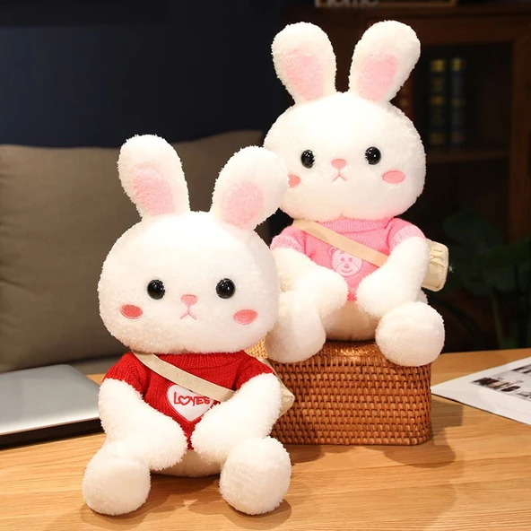 33cm Peluş Tavşan Bebek - Kırmızı LOVE Kalpli Kazaklı ve Çantalı - 7