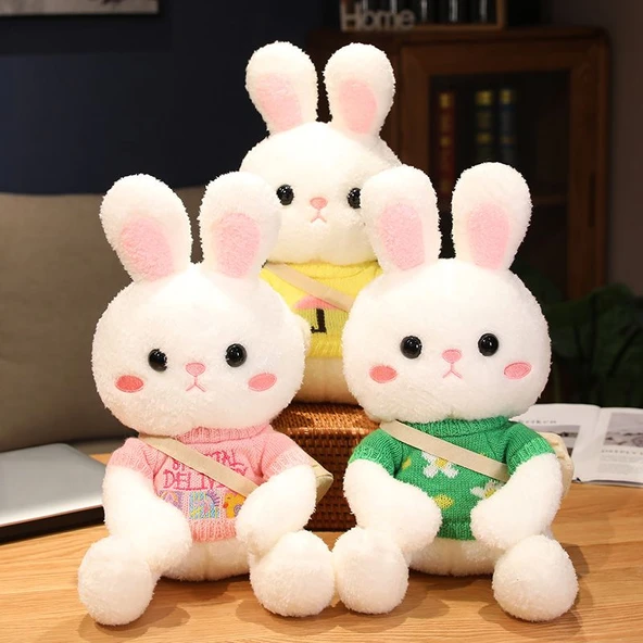 33cm Peluş Tavşan Bebek - Sarı Bandanalı, Sarı Şemsiye Desenli Kazaklı ve Çantalı - 9