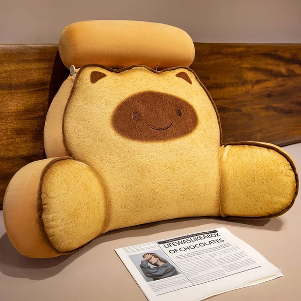 Tost Yatak Sırt Minderi Peluş Oyuncak - Açık Renk Mutlu Kedi 60x45cm