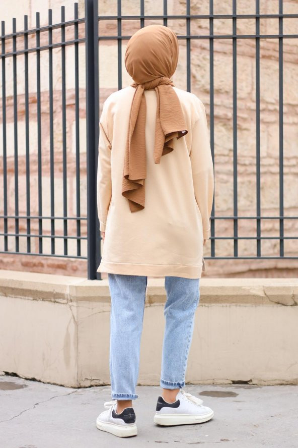 Yırtmaçlı Yuvarlak Yaka Tesettür Sweatshirt - Bej - 4