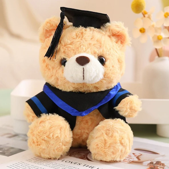 Ayıcık Peluş Oyuncak - Açık Kahverengi Mavi Çizgili Atkı - 28cm