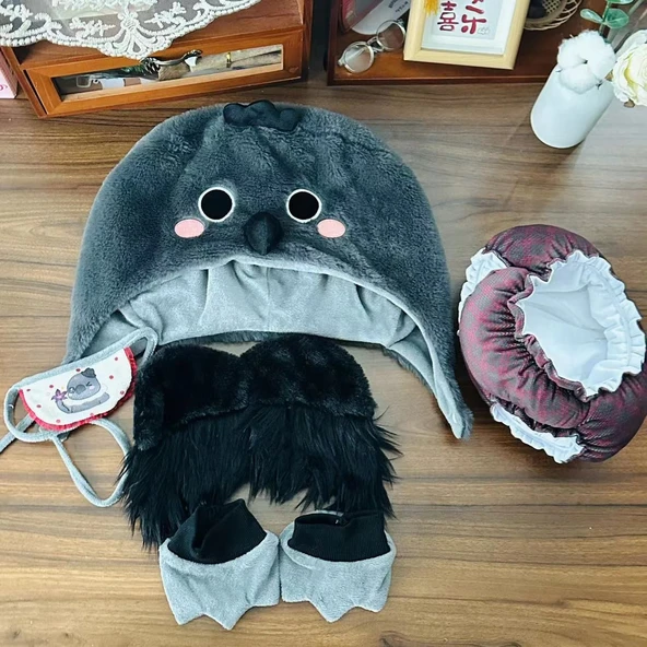 Karga Peluş Bebek Giysileri - Kapşon + Önlük + Şalvar + Çorap + Kanat 5'li Set - 40cm Bebekler İçin