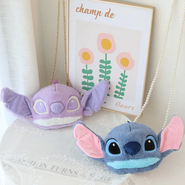 Stitch Uzaylı Peluş Omuz Çantası - Mavi İnci Zincirli - 20cm