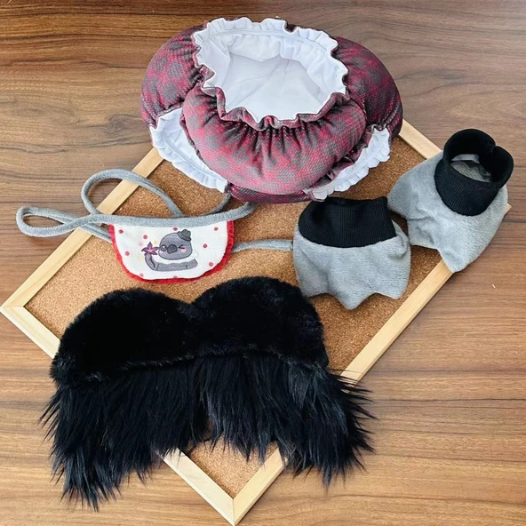 Karga Peluş Bebek Giysileri - Önlük + Şalvar + Çorap + Kanat 4'lü Set - 40cm Bebekler İçin