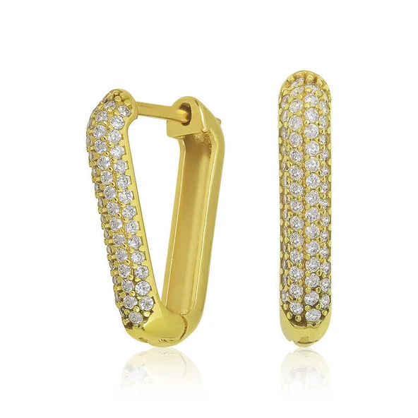 Gümüş Gold Beyaz Taşlı Üçgen Küpe ürün görseli 1