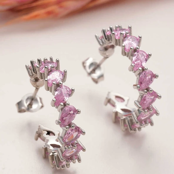 Gümüş Toz Pembe Taşlı Damla Çivili Kadın Küpe ürün görseli 1