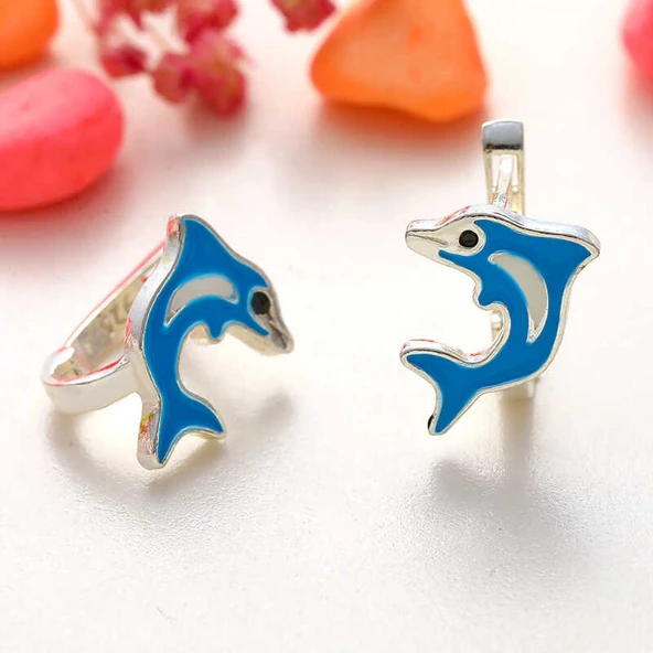 Gümüş Mavi Yunus Balığı Çocuk Küpesi ürün görseli 1