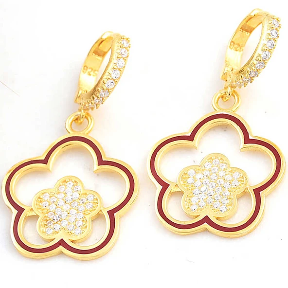 ​Gümüş Gold Sallantılı Çiçek Desenli Kadın Küpe ürün görseli 1