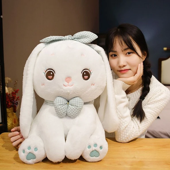 Çilek Kulaklı Tavşan Peluş Oyuncak - Beyaz - 35cm