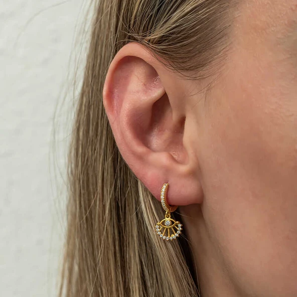 Gümüş Sallantılı Gold Göz Kadın Küpe - Resim 3