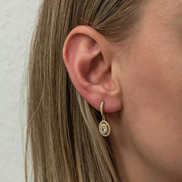 Gümüş Gold Oval Taşlı Sallantılı Küpe - Resim 3