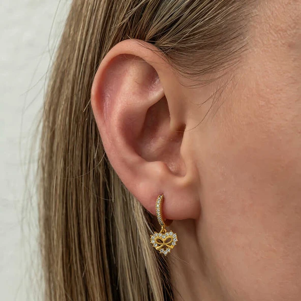 Gümüş Gold Kalp Kurdele Sallantılı Kadın Küpe - Resim 4