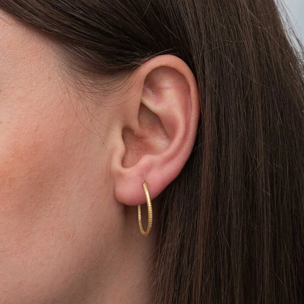 Gümüş Gold Kalemli Halka Kadın Küpe - Resim 2