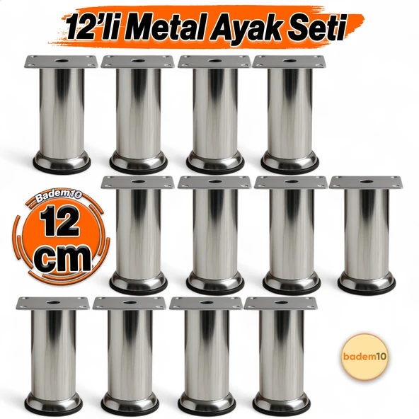 (12 ADET) Baza Mobilya Koltuk Kanepe Yatak Çekyat Destek Yükseltme Ayağı Ayakları Metal Krom 12 cm