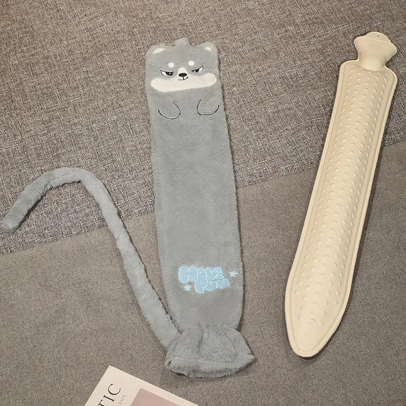 Uzun Peluş Sıcak Su Torbası - Husky Nakışlı 53cm