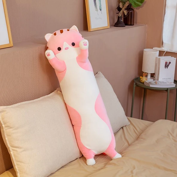 Hayvan Figürlü Uzun Peluş Yastık - Pembe Kedi 120cm