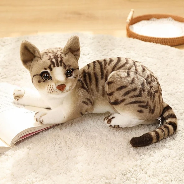 Gerçekçi Peluş Kedi Oyuncak - Gri Kedi 27cm