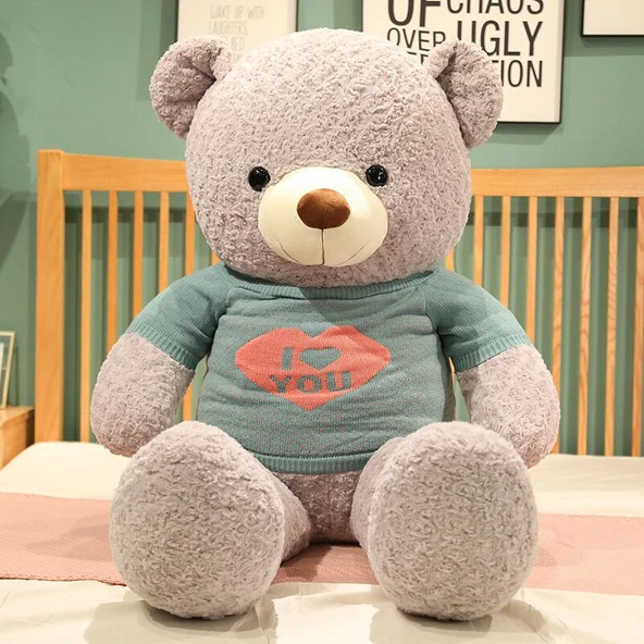 Kazaklı Ayı Peluş Oyuncak - Gri-Mavi Giysili - 160cm