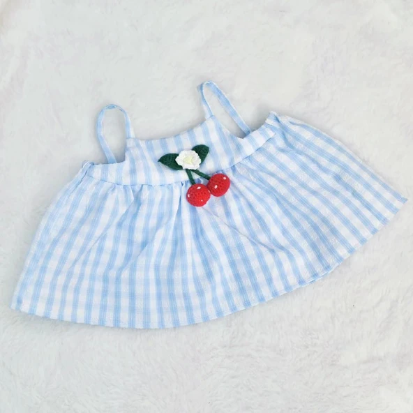 40cm Çiçekli Peluş Bebek Elbisesi - Mavi İki Parça Set - 3