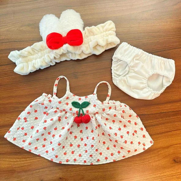 40cm Çiçekli Peluş Bebek Elbisesi - Mavi İki Parça Set - 8