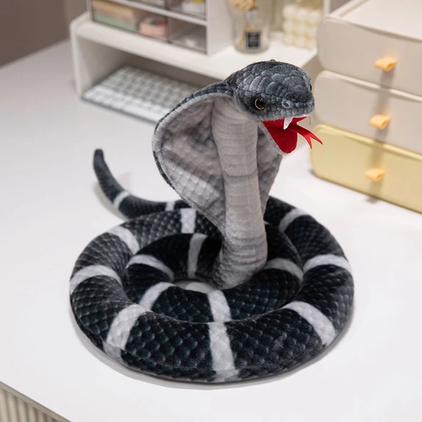 Ağzı Açık Simülasyon Kobra Peluş Oyuncak - Siyah Kral Kobra - 115cm