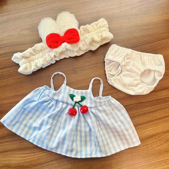 40cm Çiçekli Peluş Bebek Elbisesi - Mavi Üç Parça Set - 7