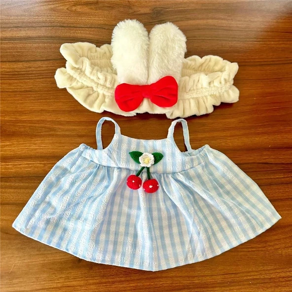 40cm Çiçekli Peluş Bebek Elbisesi - Mavi İki Parça Set - 11