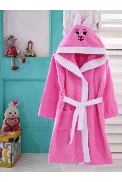 ZemZem Tekstil Çocuk Kapüşonlu Pembe Tavşan Desenli Pamuklu Bornoz