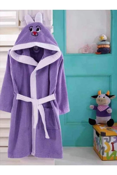 ZemZem Tekstil Çocuk Kapüşonlu Mor Tavşan Desenli Pamuklu Bornoz