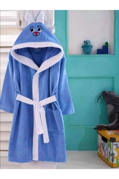ZemZem Tekstil Çocuk Kapüşonlu Mavi Tavşan Desenli Pamuklu Bornoz