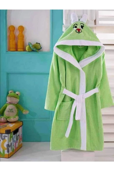 ZemZem Tekstil Çocuk Kapüşonlu Yeşil Tavşan Desenli Pamuklu Bornoz