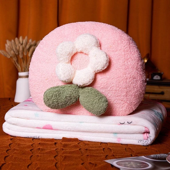 Çiçek Tasarımlı 3'ü 1 Arada Yastık - Pembe - 28x32cm (100x170cm) - 2