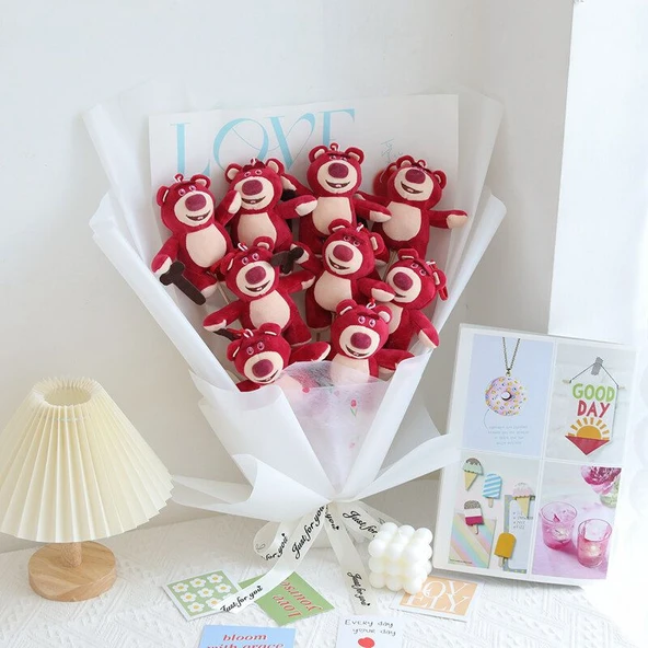 Çilek Ayıcık Peluş Buket - 5 Çilek Ayı + 5 Yapay Lale - 45x28cm - 8