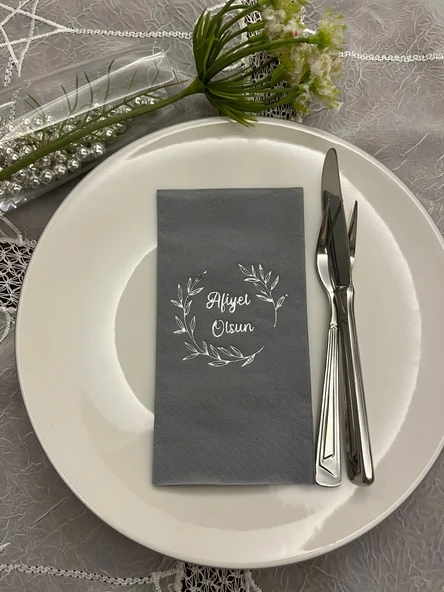 Gümüş Yaldızlı Gri Afiyet Olsun Çiçekli Çelenk Garson Peçete 16 Adet ürün görseli 1
