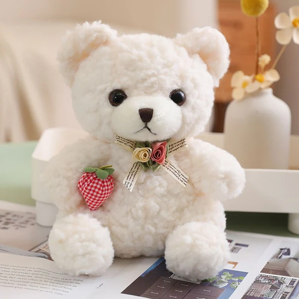 Çilek Aşkı Peluş Oyuncak Ayı 20cm - Süt Beyazı + Hediye Çantası - 4