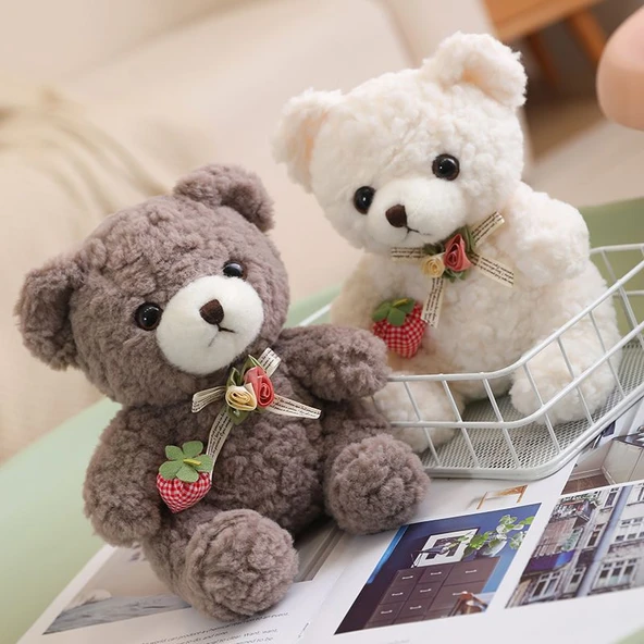 Çilek Aşkı Peluş Oyuncak Ayı 20cm - Süt Beyazı + Hediye Çantası - 3