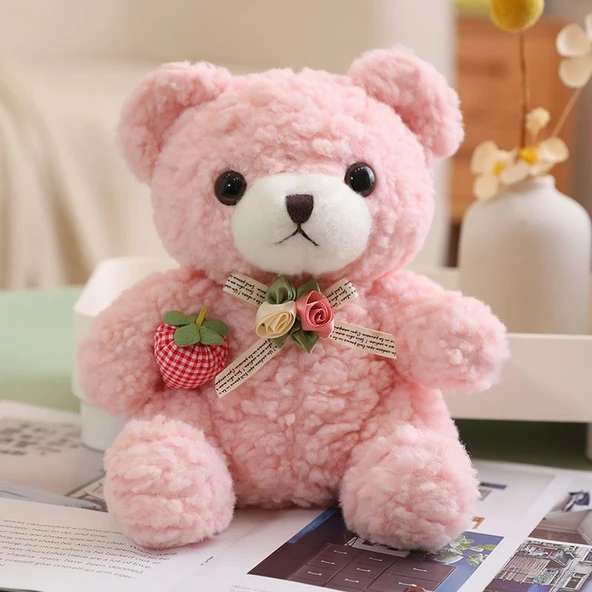 Çilek Aşkı Peluş Oyuncak Ayı 20cm - Süt Beyazı + Hediye Çantası - 5