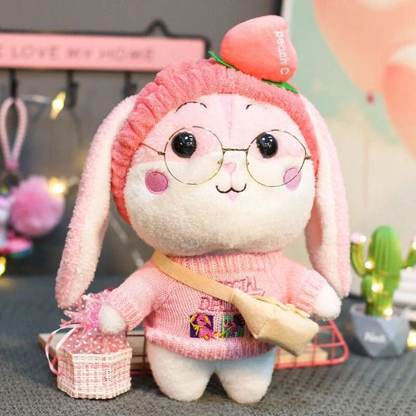 Pembe Tavşan Peluş Oyuncak - Pembe/Sarı Şeftalili Elbiseli 38cm - 6