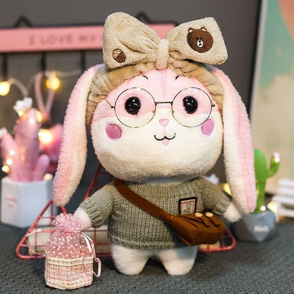 Pembe Tavşan Peluş Oyuncak - Pembe/Sarı Şeftalili Elbiseli 38cm - 12