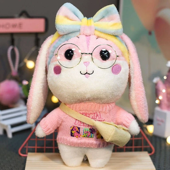 Pembe Tavşan Peluş Oyuncak - Pembe/Sarı Şeftalili Elbiseli 38cm - 5