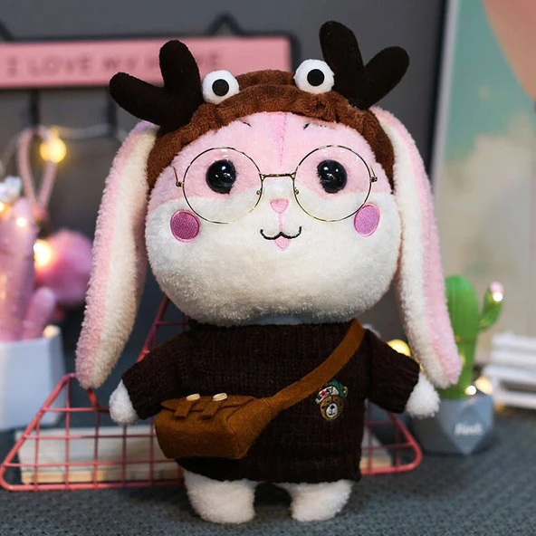 Pembe Tavşan Peluş Oyuncak - Pembe/Sarı Şeftalili Elbiseli 38cm - 7